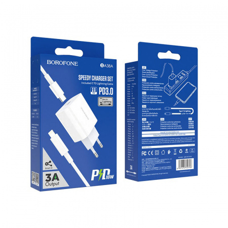 Зарядное устройство BOROFONE BA38A Speedy Type-C, 3A, белый, с кабелем BX36 Lightning PD
